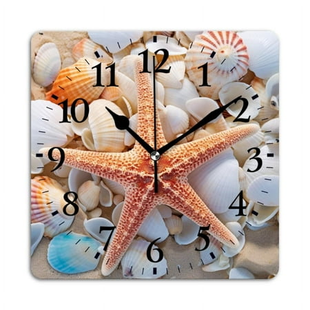 Square Wall Clock,Starfish SurSquareed By Seashells On The Sandy Beach,Silent Non-Ticking Wall Clock Decor for Home Office Kitchen Living Room Bedroom(10inch)