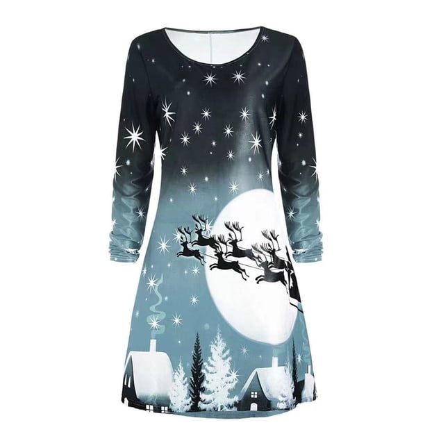 Vestido holgado de manga larga con cuello redondo y estampado navideño informal para mujer de otoño e invierno Fridja nbo1517
