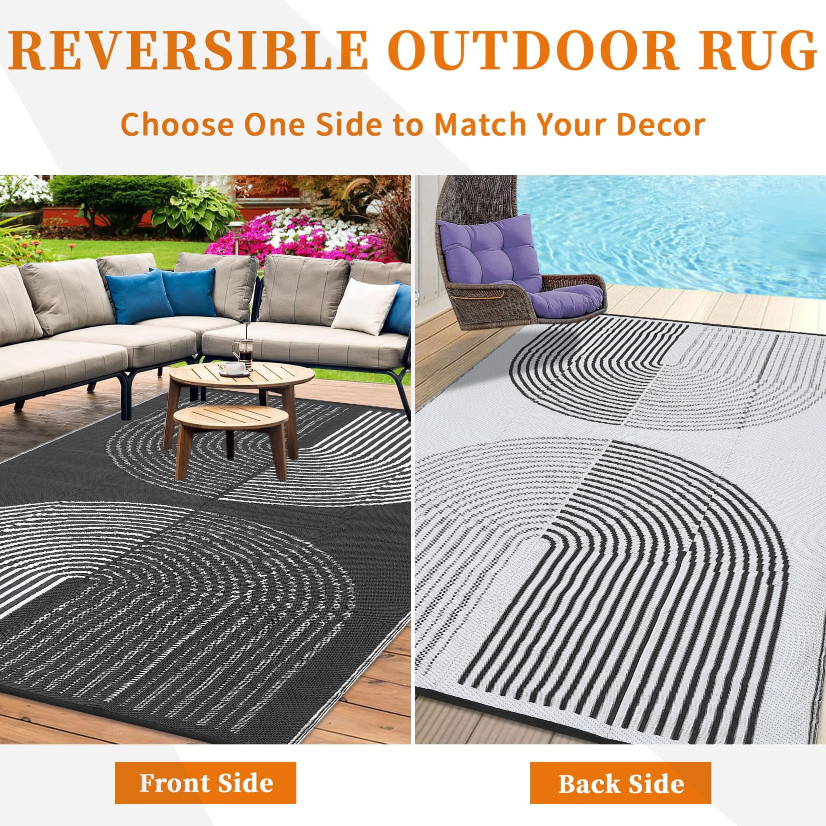 Kicctian Outdoor Rug 8x10FT Patio Waterproof, Outdoor Patio Rug Plastic Straw Outdoor Carpet, Large Modern Area Rug Carpet for Camping Poolside RV, Easy to Clean, Black & White