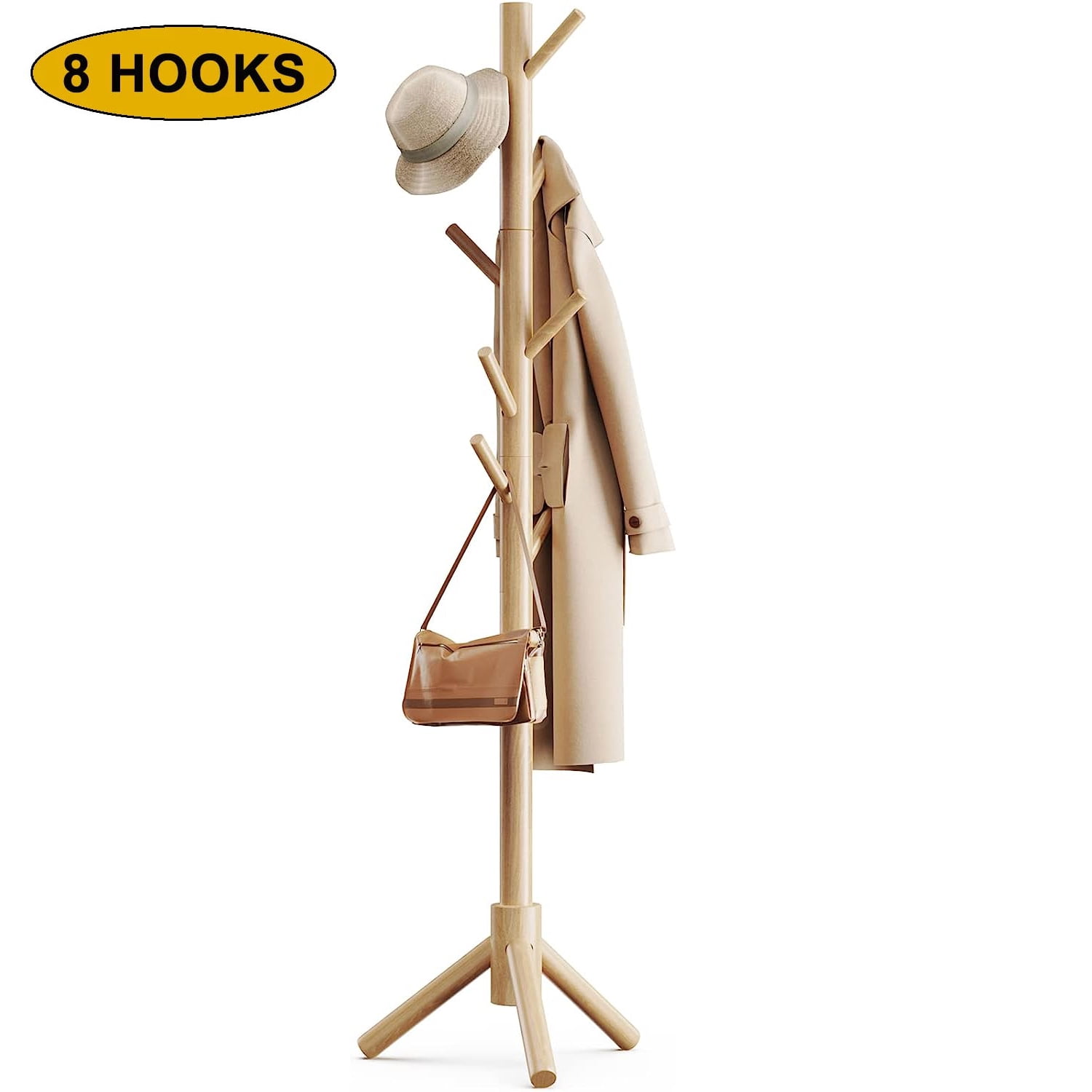 Coolmade Coat Rack Stand with 3 Height Options and 8 Hooks Wooden