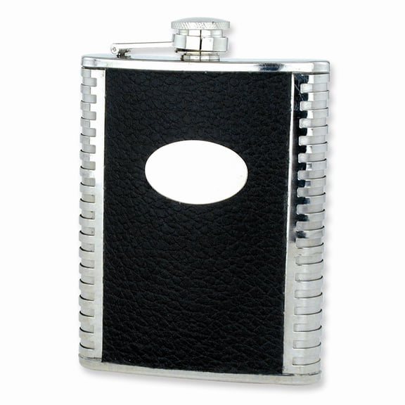 FB Jewels Black Faux Leather Polished Stainless Steel 8oz Hip Flask