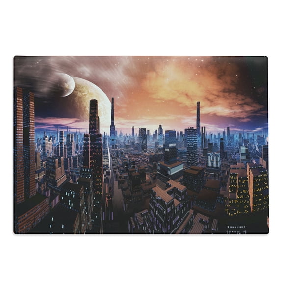 City Cutting Board, Futuristic Cityscape on Distant World Sci-Fi Inspired Design Planets in Sky, Decorative Tempered Glass Cutting and Serving Board, Large Size, Orange Blue Cinnamon, by Ambesonne