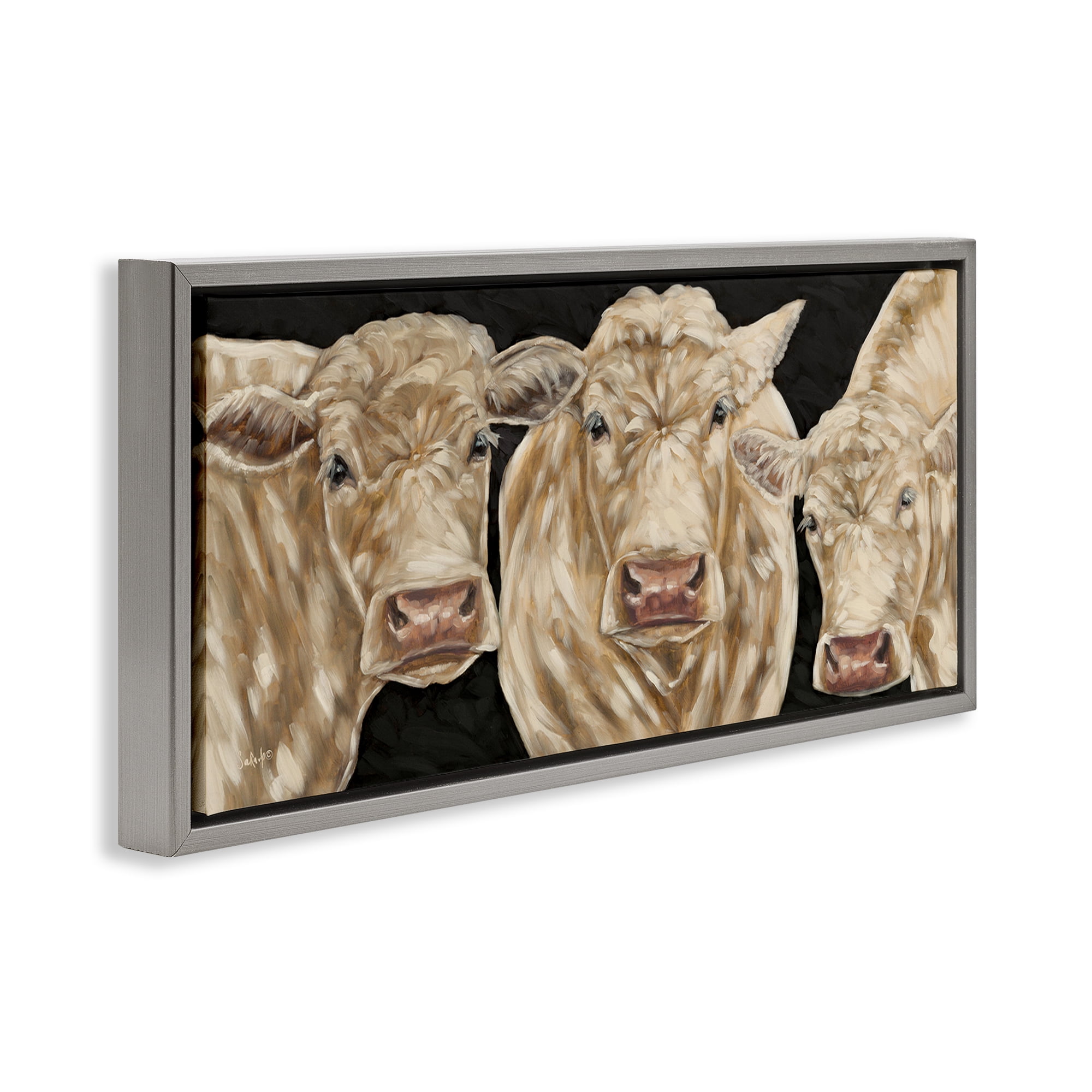 Stupell Industries Three Sheep on Black Animals Painting Gray Floater Framed Canvas Art Print Wall Art, 25 x 11