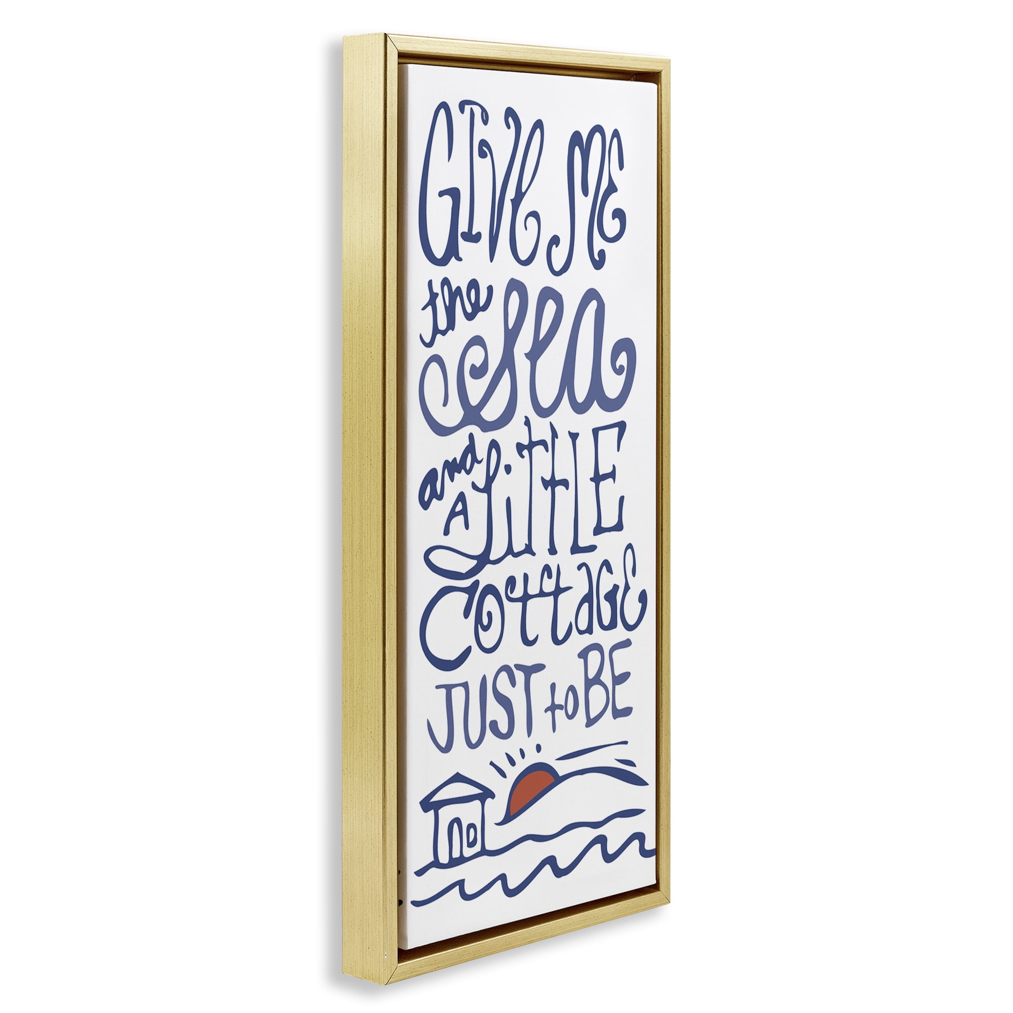Stupell Industries Sea & Cottage Beach Life Calligraphy Nature Painting Gold Floater Framed Canvas Art Print Wall Art, 11 x 25