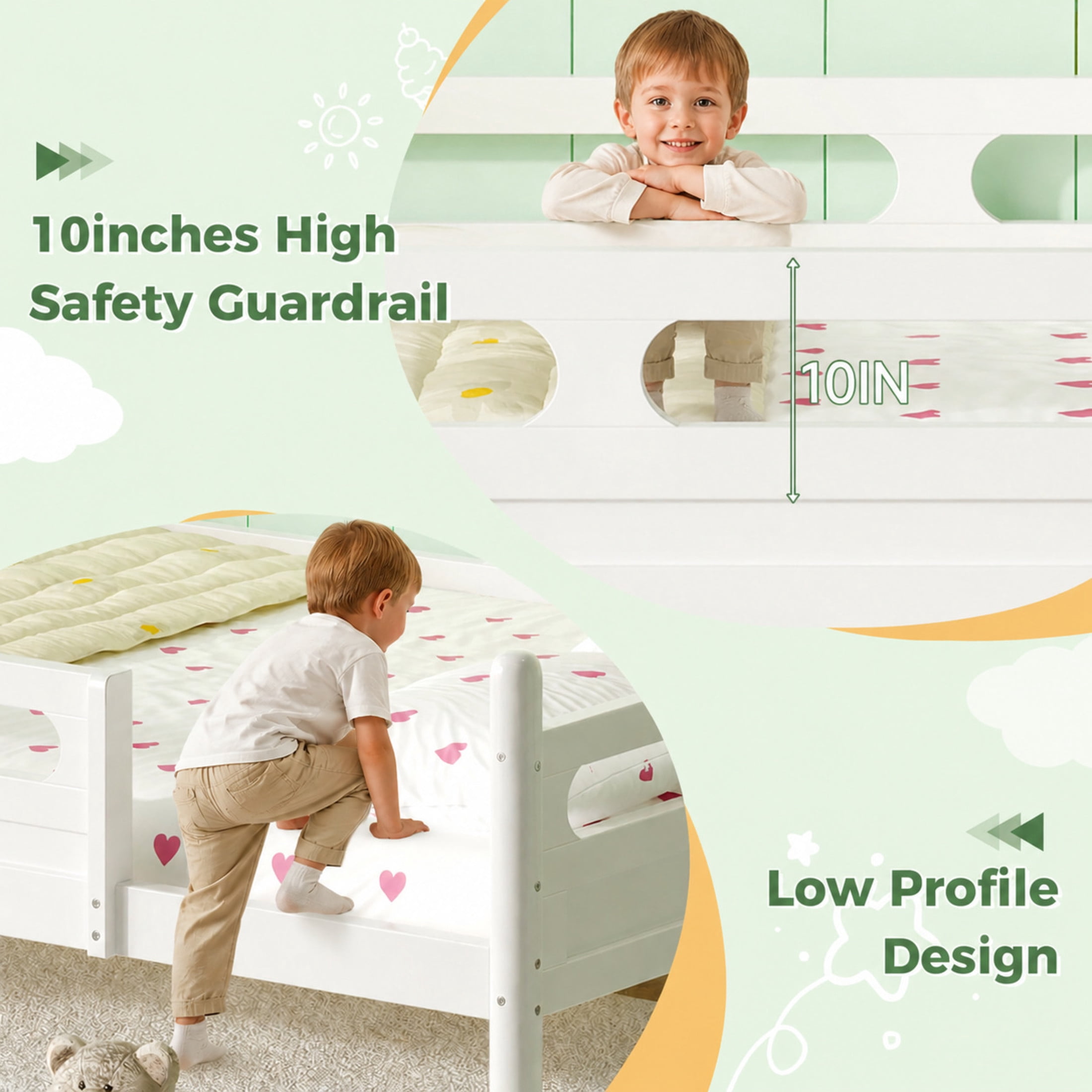 Noble House Full Size Kids Bed Frame with Safety Rails, Low Profile Design & Slat Support, White