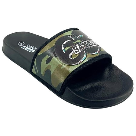 

Take A Walk Men’s Verbiage Printed Pool Slides - Lightweight Comfortable Beach Pool Indoor & Outdoor Sandal Comfort Soccer Slides