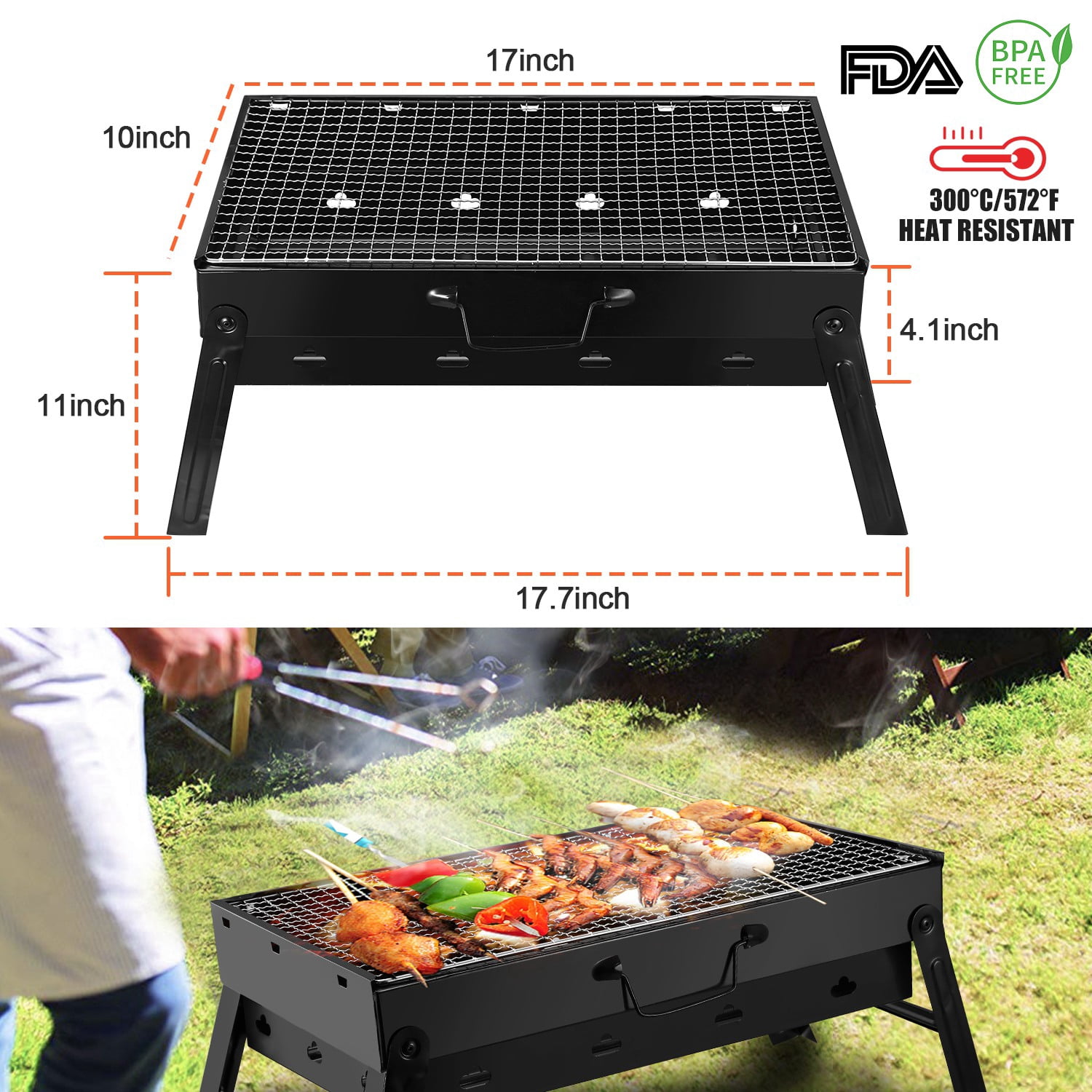 TeqHome Charcoal Folding Portable Barbecue Charcoal Grill Outdoor Stainless Steel Small BBQ Tool
