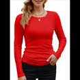 thumbnail image 1 of Camisetas Básicas Ajustadas Informales de Cuello Redondo y Larga Acanaladas para Mujer Rojo M, 1 of 6