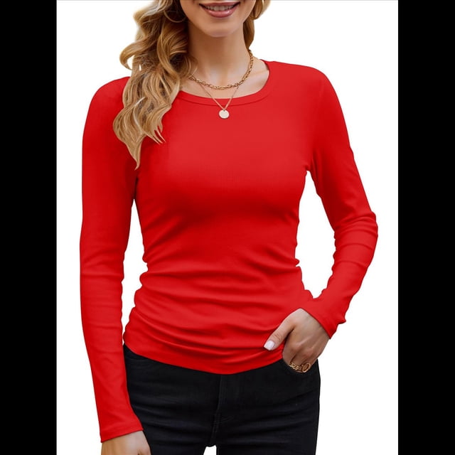 Camisetas Básicas Ajustadas Informales de Cuello Redondo y Larga Acanaladas para Mujer Rojo M