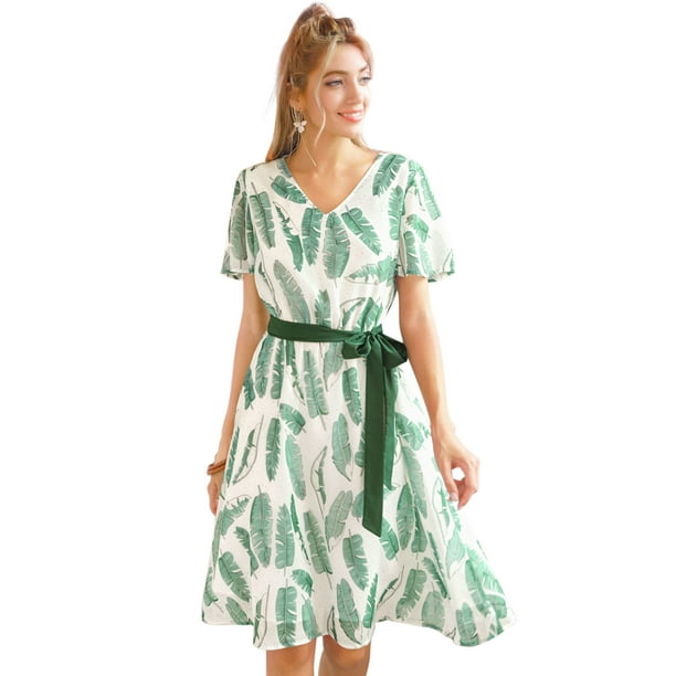 Vestido fluido bohemio para mujer con estampado de hojas de verano vestidos de gasa con mangas aleteo Verde blanco M