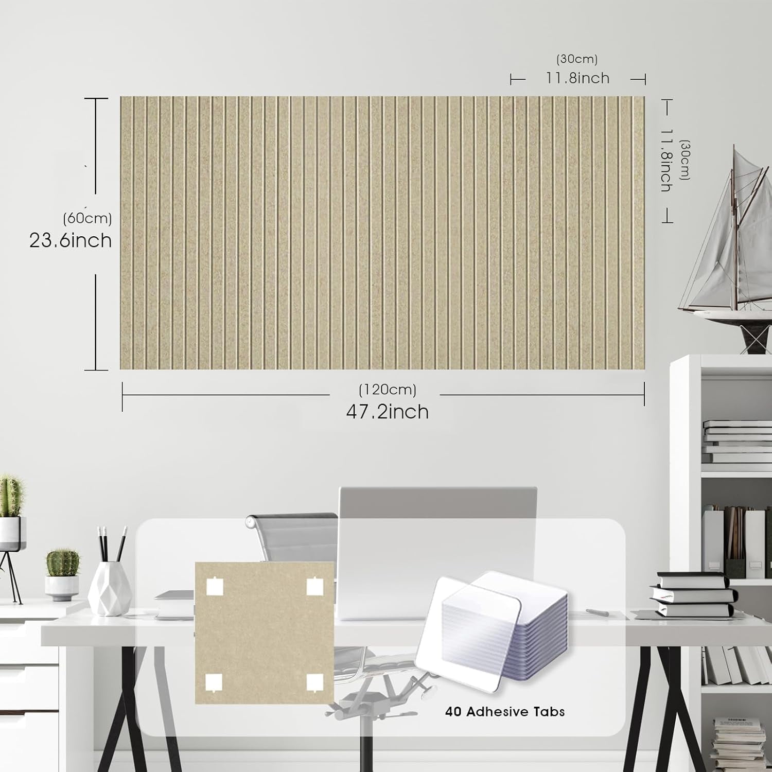 Large Cork Board for Office 8 Pack Felt Wall Tiles with Slat Paneling and Safe Removable Adhesive Tabs Bulletin Pin Boards Walls - Tan