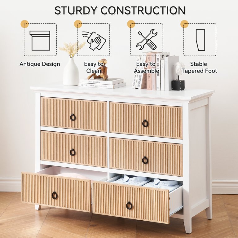 Modern Accent Storage Table with 6 Drawers, Wood Long Dresser Chest with  Large Drawer, Waveform Fluted Panel Design, Wooden Chest of Dresser Storage  Cabinet Organizer, Antique Profile, Anti-Tipping - Walmart.com