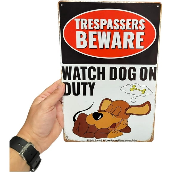 Trespassers Beware - Dog on Duty - 8"x12" Metal Tin Sign - Funny Novelty Home Decor, Outdoor Warning Sign, Perfect for Dog Lovers, Durable Metal Wall Art, Vintage-Style Humor Plaque