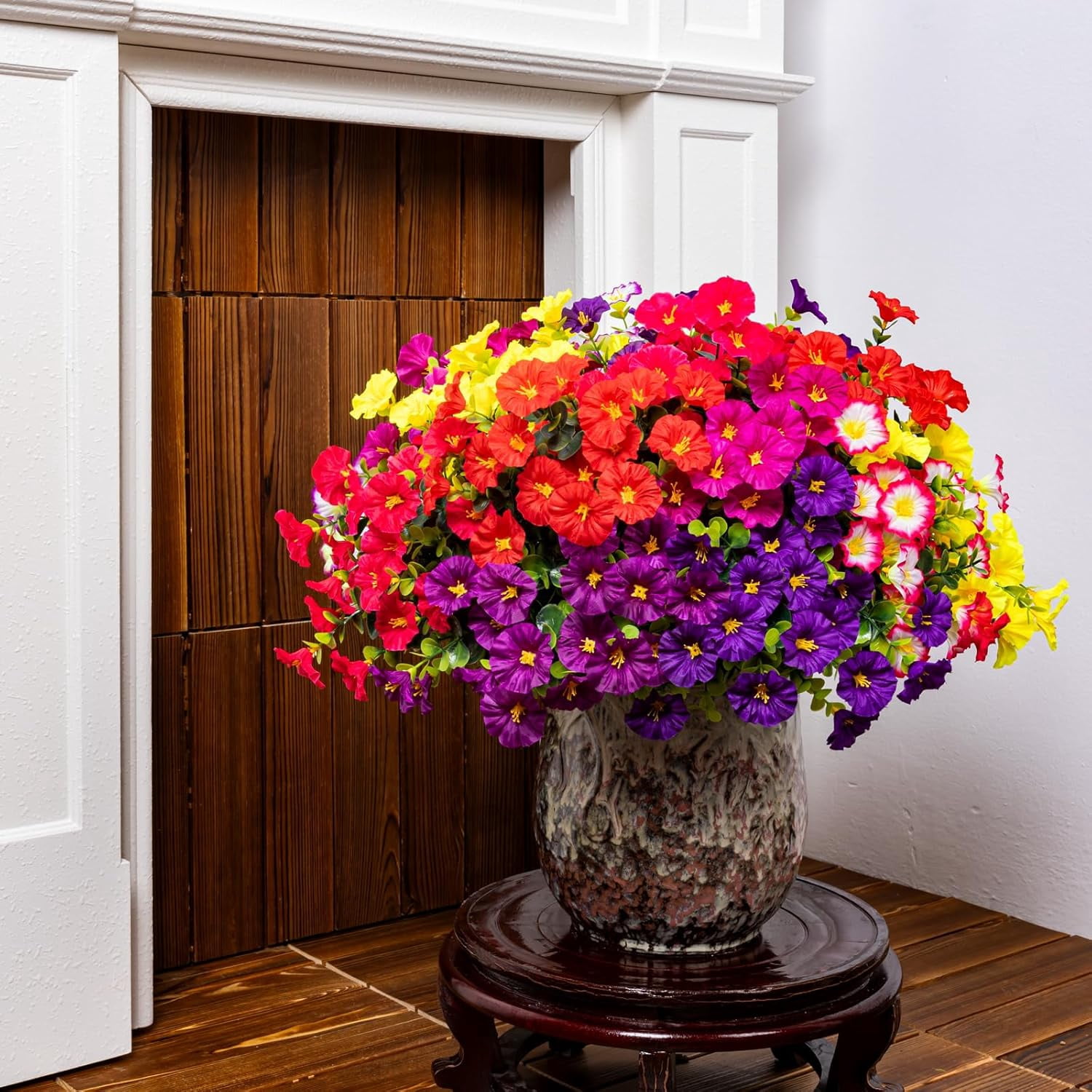 Artificial Fake Flowers Plants for Outdoors Decoration, 16 Bundles Silk Colorful Morning Glory UV Resistant Realistic Faux Flower for Outside Planter Porch Patio Yard Balcony (8 Color)