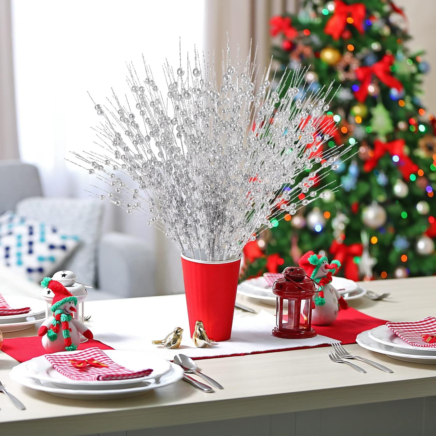10 Pack Artificial Christmas Glitter Berry Stems, Christmas Tree Picks 17in Glittery Twigs Branches Decorative Bead Sticks for Christmas Tree Decorations Wreath Vase Holiday Decor (Lake blue)