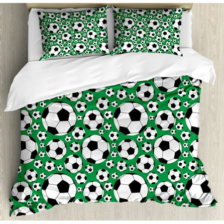 European Style Set Soccer Duvet Cover Set, Various Sizes Footballs Pattern Active Lifestyle Popular Sport from Europe, Decorative Bedding Set with Pillow Shams, Green Black White, by Ambesonne ()