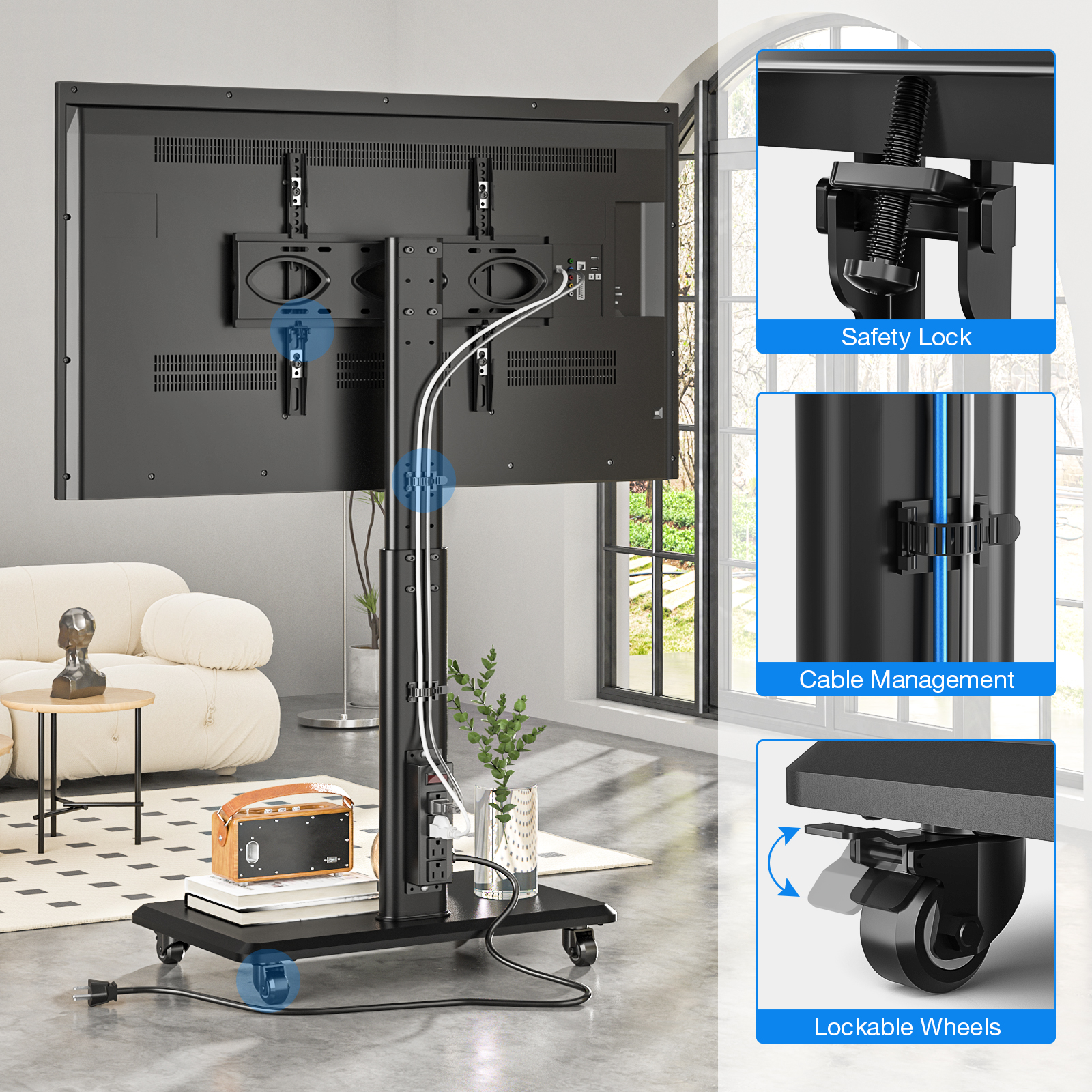 RTVR Universal Rolling TV Cart with Power Outlet for 32-70 Inch TVs, Height Adjustable Black