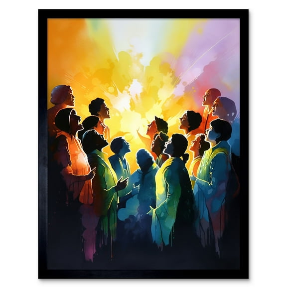 Choir Women Singing by Bonfire Modern Rainbow Colour Watercolour Painting Art Print Framed Poster Wall Decor 12x16 inch