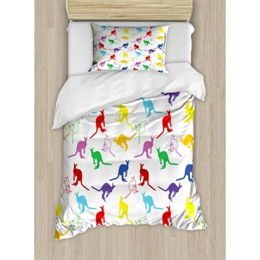 Kangaroo Duvet Cover Set Twin Size, Wildlife Concept of Vibrant Color Hand-drawn Animal Figures in Random Sequence, Decorative 2 Piece Bedding Set with 1 Pillow Sham, Multicolor, by Ambesonne