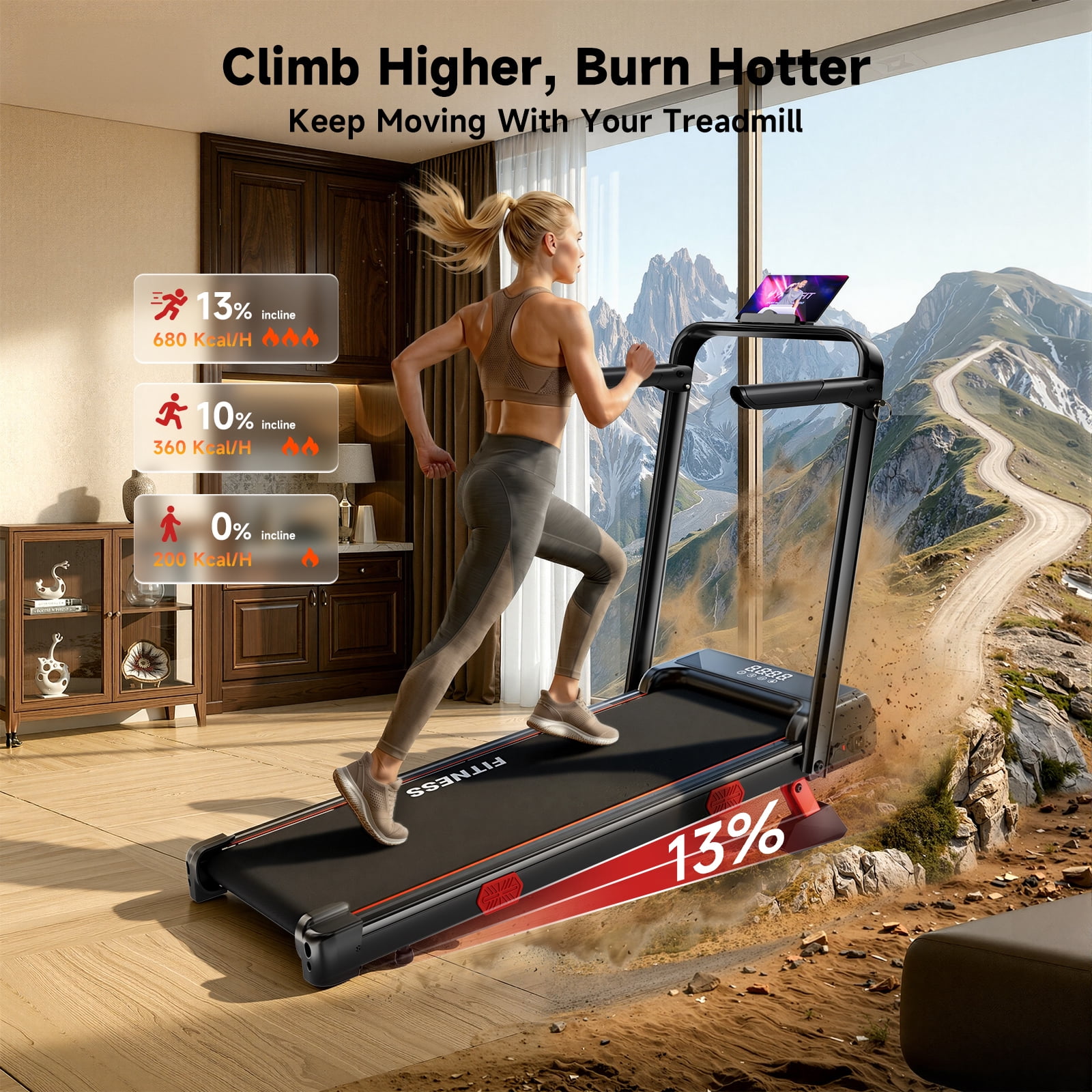 RHYTHM FUN Walking Pad with Incline for Home, Foldable Treadmill with Adjustable Handle, 300 lbs Capacity, LED Display, No Installation