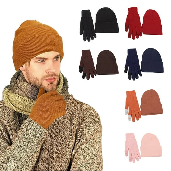 LShunze Winter Warm Beanie Hat Touchscreen Gloves Set, Soft Skull Cap Gloves Set for Men and Women with Warm Knit Fleece Lined