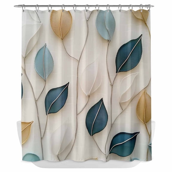 Xipuska Blue Beige Leaf Shower Curtain - Water Repellent Fabric Shower Curtains Washable, Farmhouse Summer Botanical Watercolor Decorative Polyester Cloth Bathroom Curtains Modern Bath Decor 66"x72"