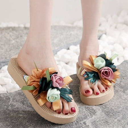 

Women Weave Beach Breathable Sandals Home Slipper Flowers Flip-Flops Flat Shoes