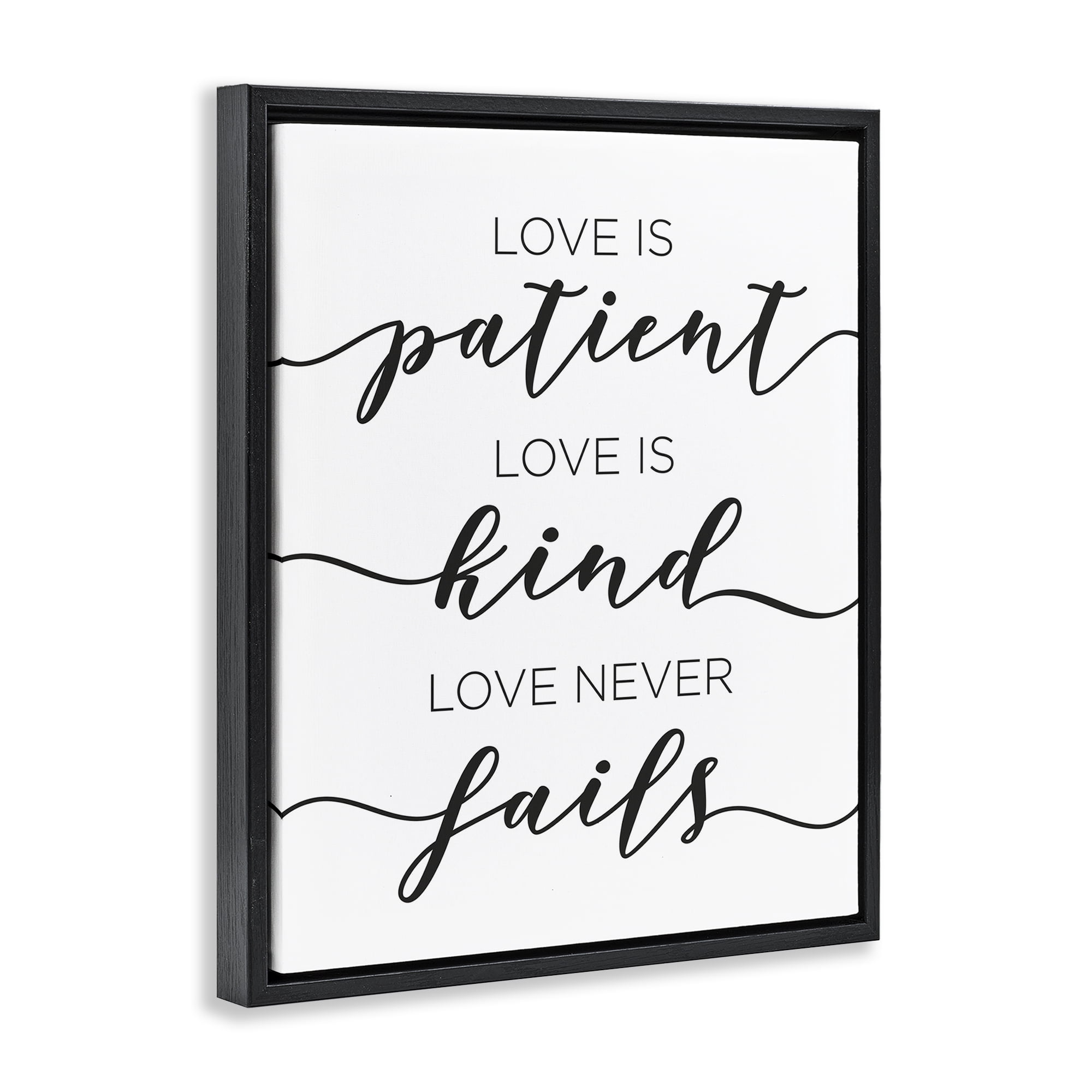 Stupell Industries Love Never Fails Phrase Typography Painting Black Floater Framed Art Print Wall Art, 17 x 21