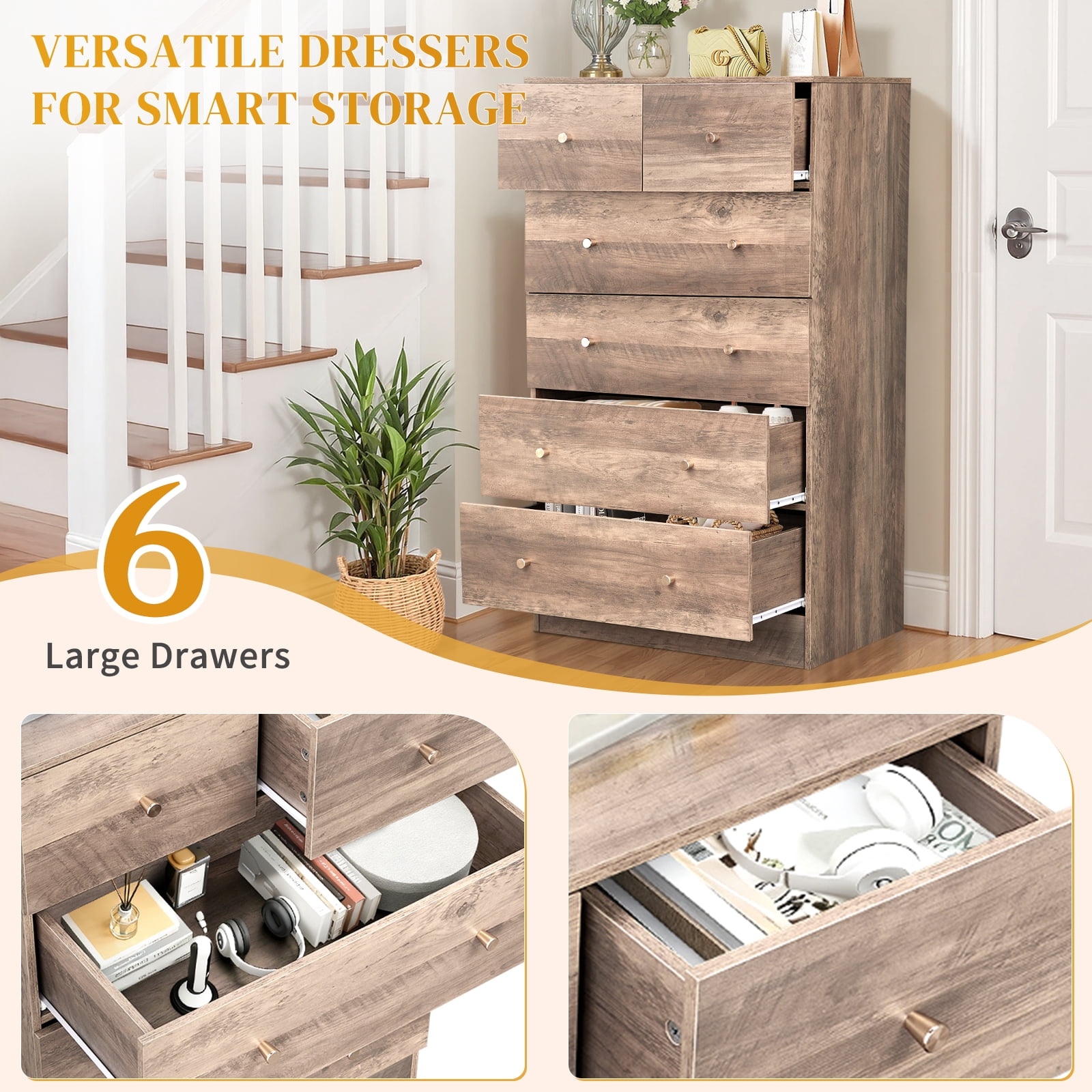 Ktaxon Laege 6 Drawers Dresser Chests for Bedroom, Wood Chset of Drawers,Dressers Organizer for Bedroom, Living Room,Hallway, Gray