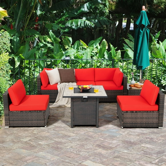 Costway 7PCS Patio Rattan Furniture Set 30" Fire Pit Table Cover Cushion Sofa Red