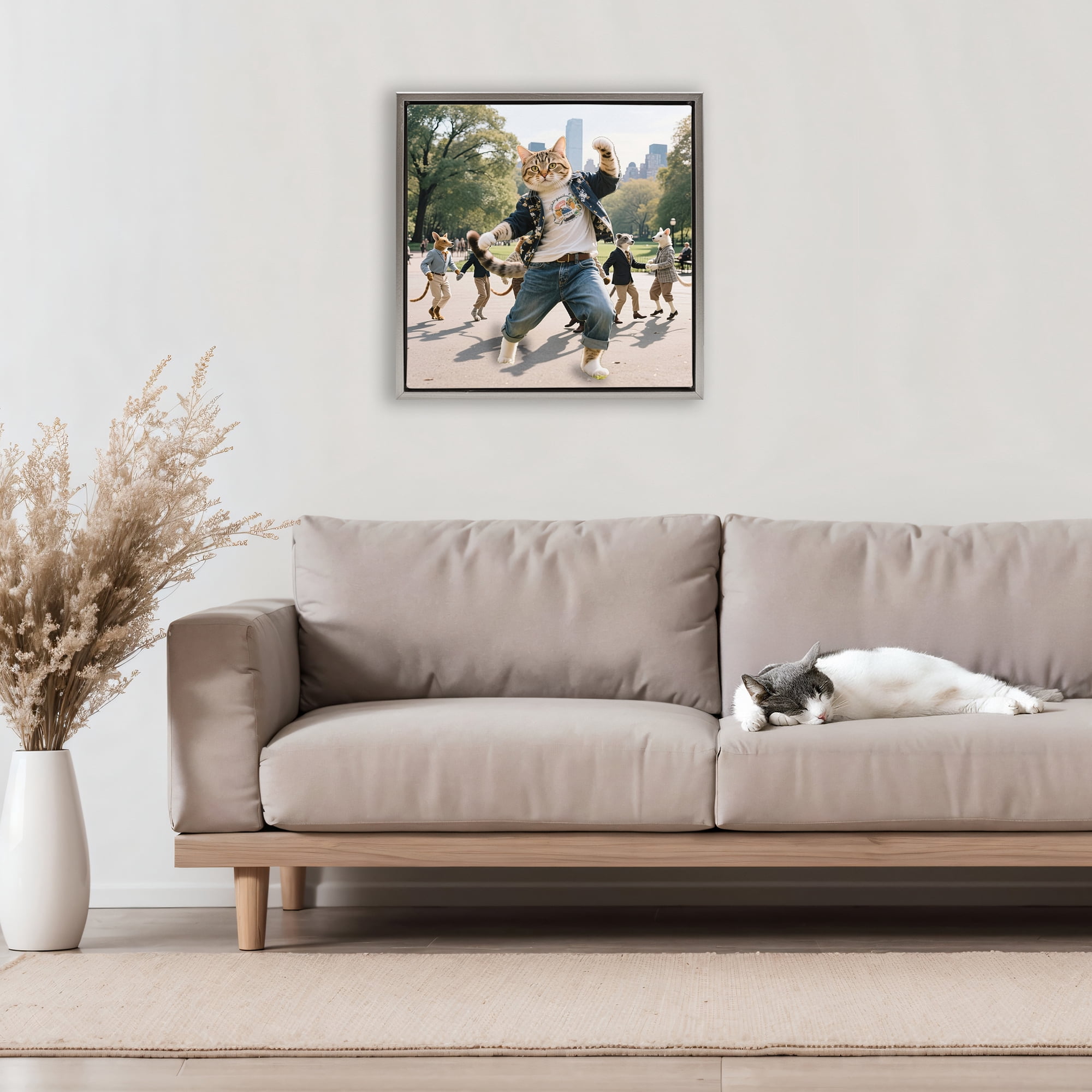 Stupell Industries Stylish Cat Dancing in Park Gray Framed Floater Canvas Wall Art, design by CAD Designs