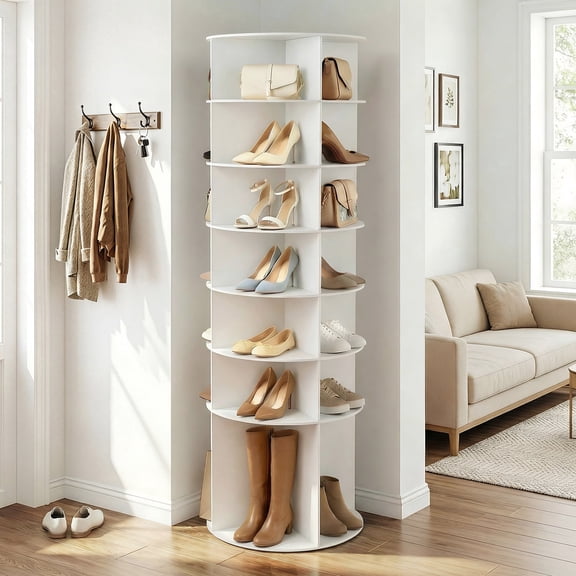Oufan 7 Tier Rotating Shoe Rack Tower, Spinning Shoe Display Lazy Susan, Revolving 360 Shoe Rack Storage Round Carousel, Vertical Handbag Rotate Shoes Closet Organization (White)
