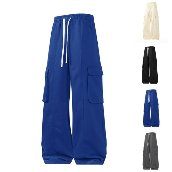 Fengqque Men's Casual Cargo Pants Drawstring Elastic Waist Workout Wide-leg Pants Hiking Tactical Sweatpants with Pockets Navy XS(XS)