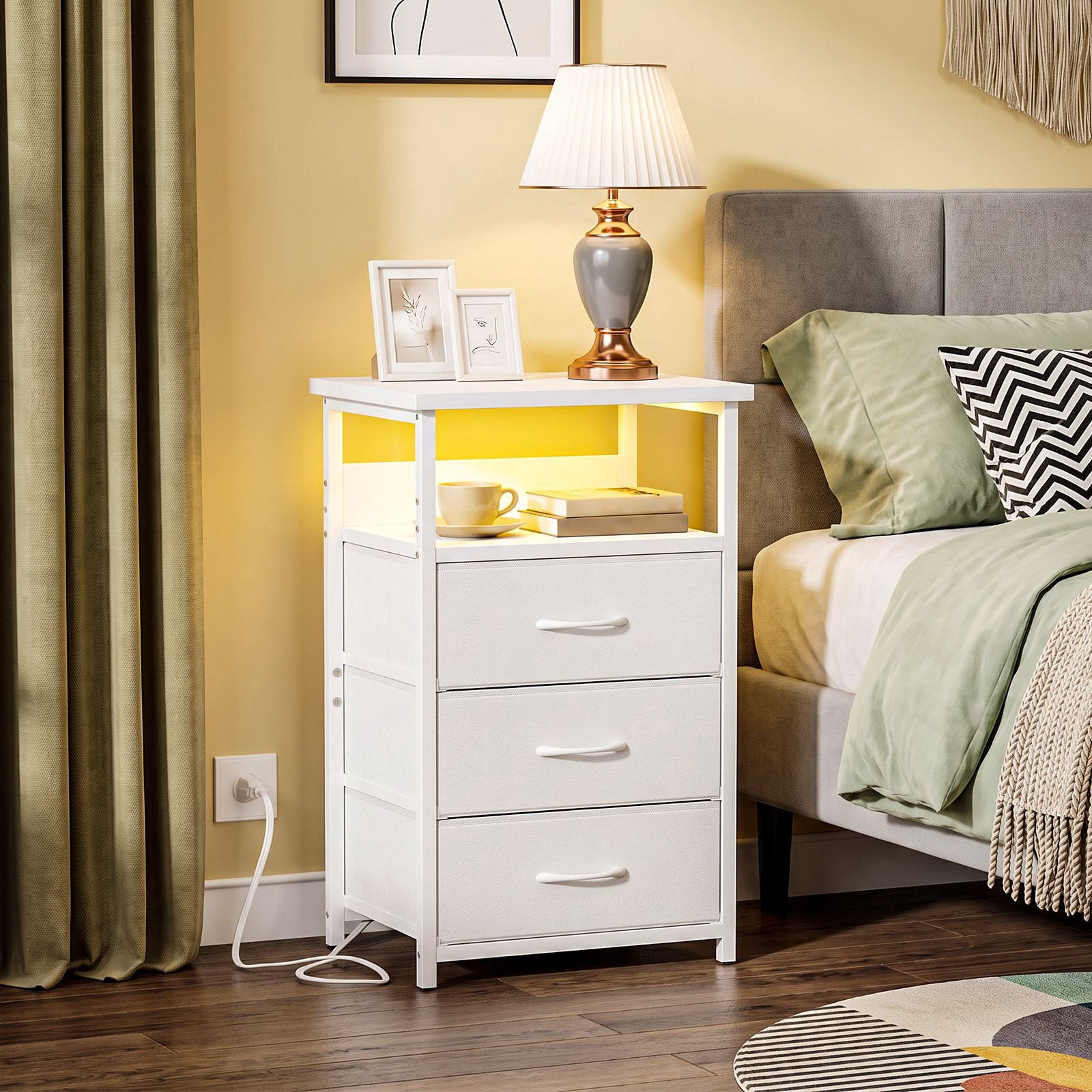 3-Drawer Nightstand with Charging Station, Open Shelf and RGB Light Strip, Fabric Drawer Dresser, Steel and Engineered Wood Frame, Bedroom and Living Room