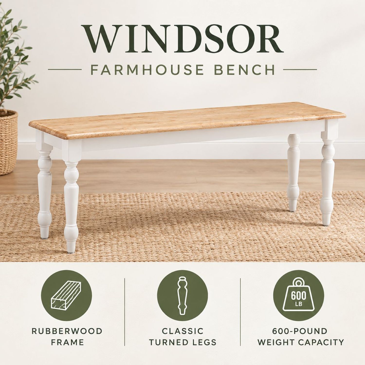 Boraam Farmhouse Backless Wood Bench, White/Natural photo 8