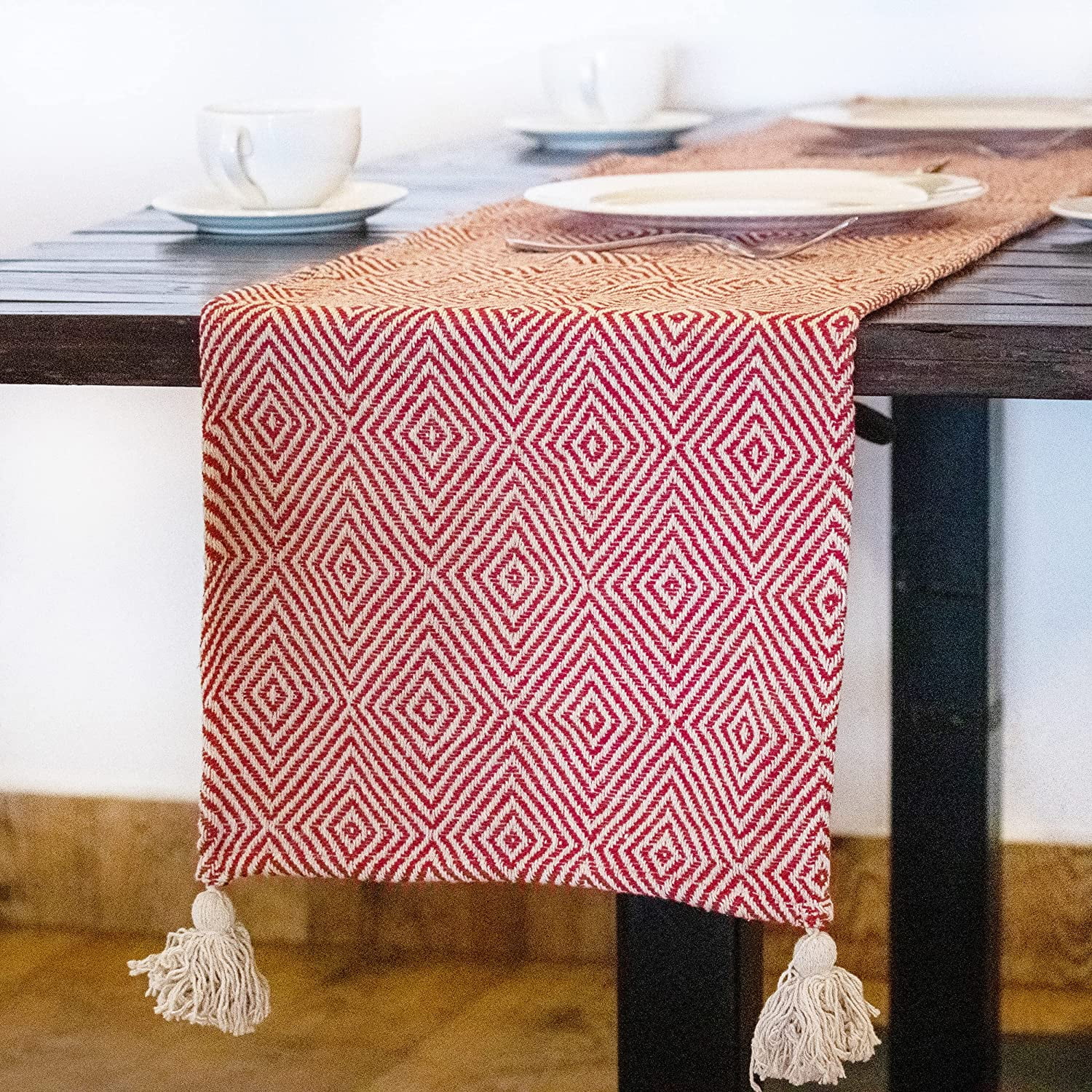 Heavenera 13x70 inches Red Rectangle Cotton Woven Diamond Table Runner
