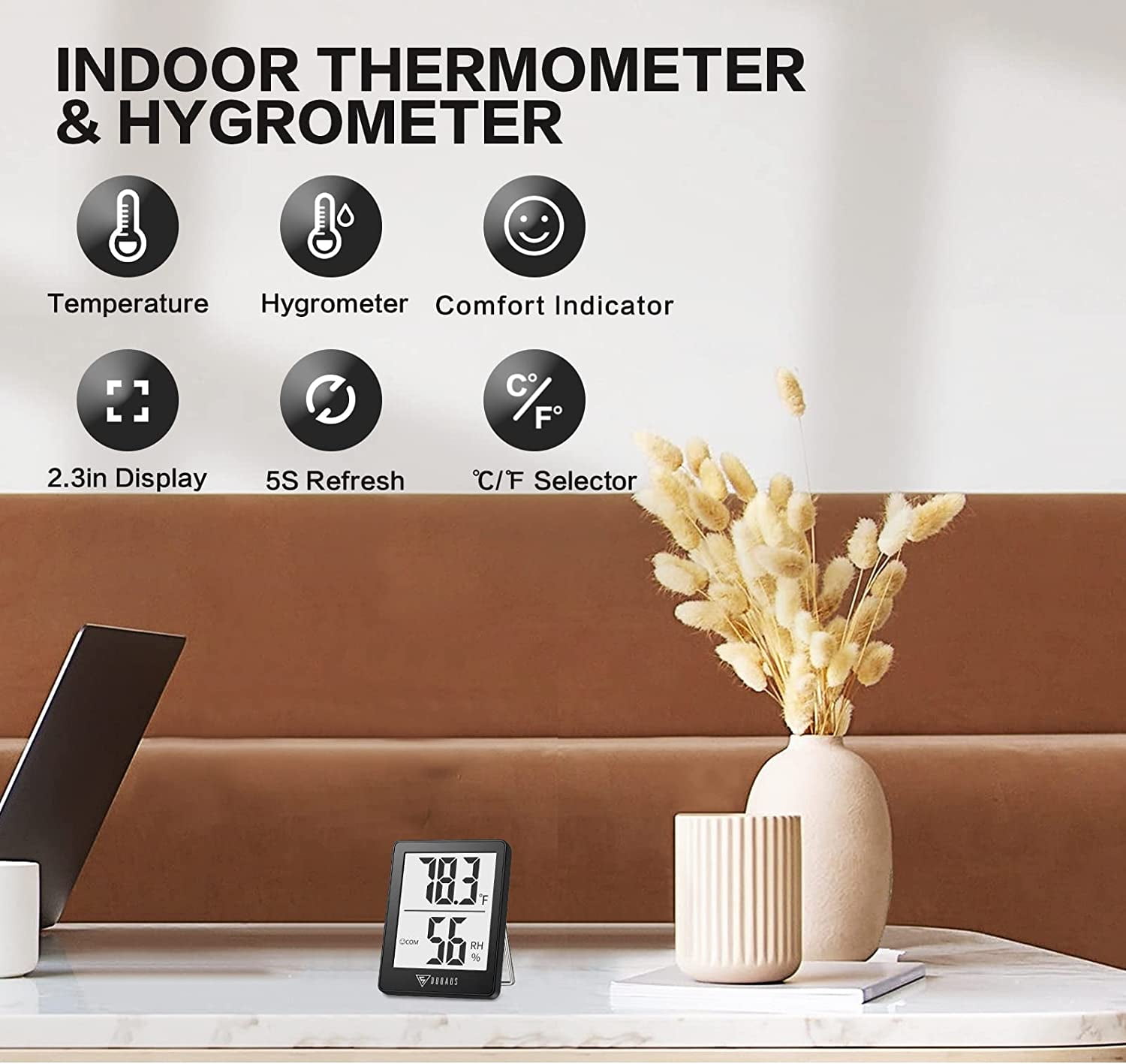 Digital Hygrometer Indoor Thermometer Humidity Meter Room Thermometer with 5s Fast Refresh Accurate Temperature Humidity Monitor for Home, Bedroom, Baby Room, Office, Greenhouse, Cellar (Black)