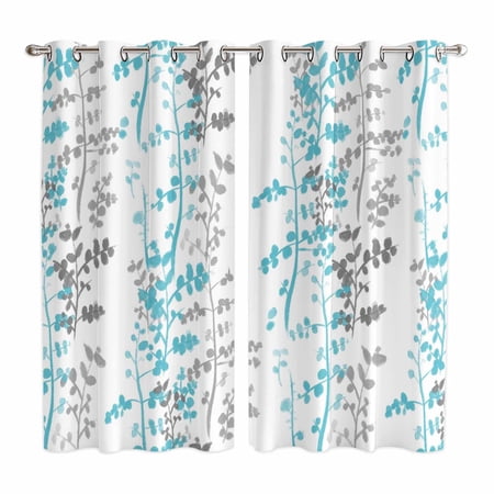 Aqua Grey Botanical Kitchen Curtains Window Panels Spring Floral Summer Farmhouse Insulated Window Treatment Curtain Grommet Curtains for Bedroom/Living Room/Bathroom 2 Piece 42 Wx63 L