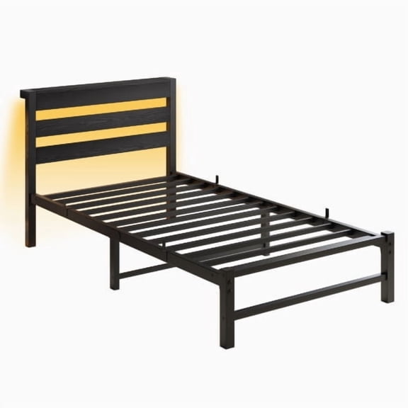 Dtwnek Twin Size Platform Bed Frame with Headboard, USB Charging Station, LED Bed, No Box Spring Needed, Mattress Foundation, Strong Steel Slats, Noise Free, Black