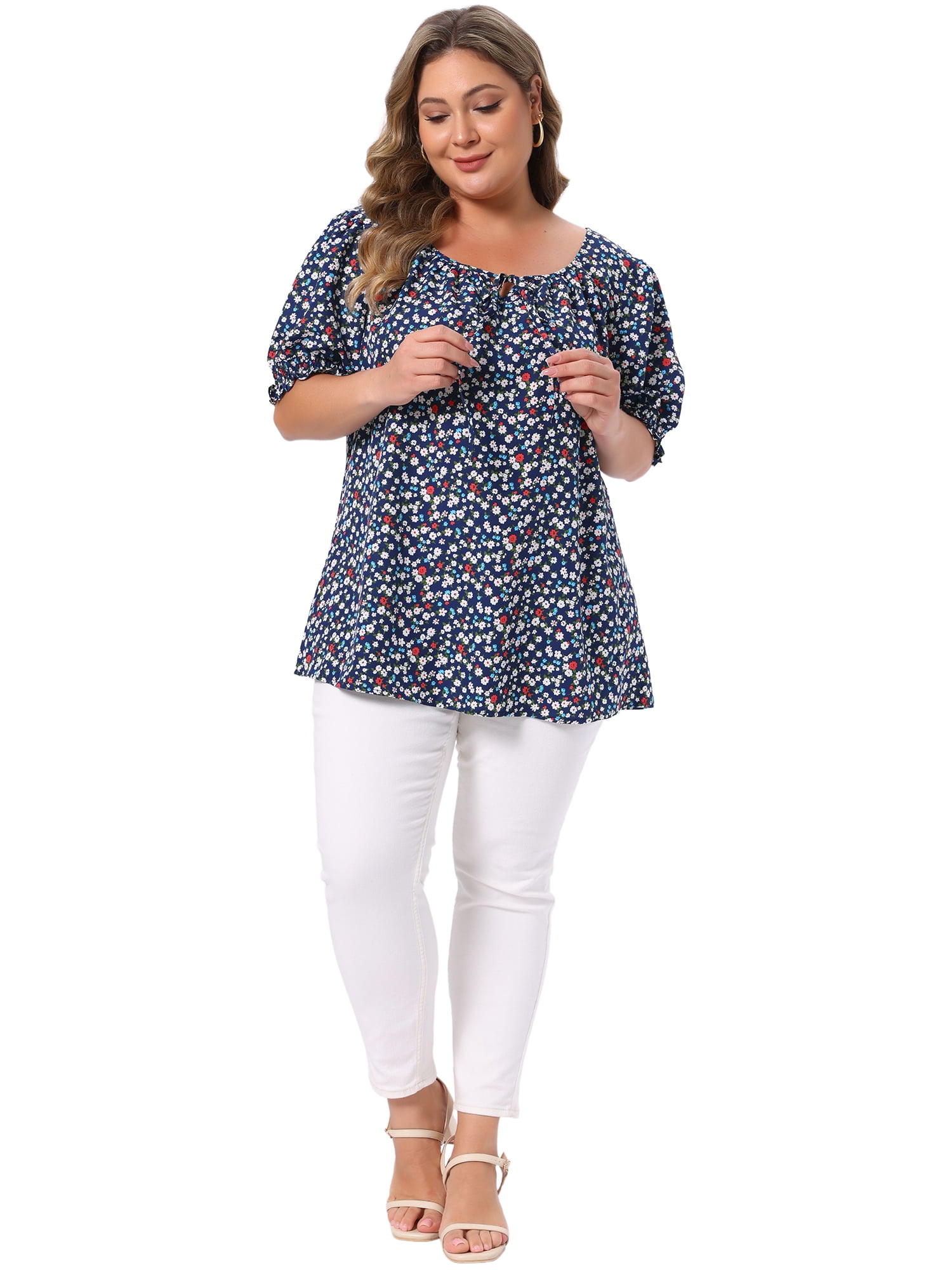 DARING DIVA Women's Plus Tops Scoop Neck Notch V Tie Front  Floral Summer Blouses 2X Blue