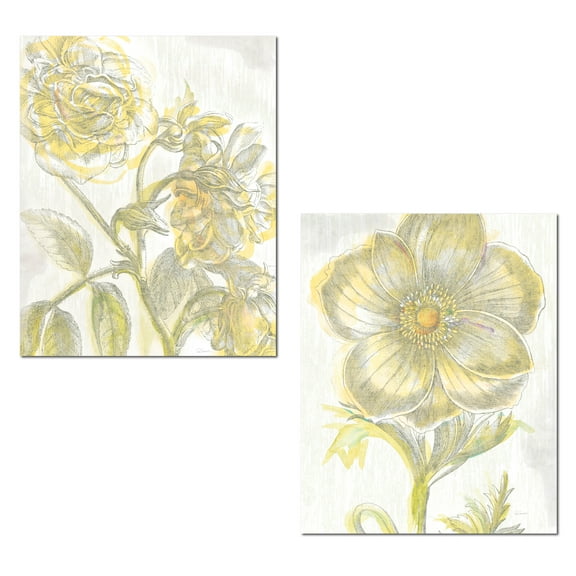 Beautiful Sketch-Style Yellow, Green and Grey Blooming Flower Print Set by Sue Schlabach; Floral Decor; Two 11x14in Unframed Paper Posters