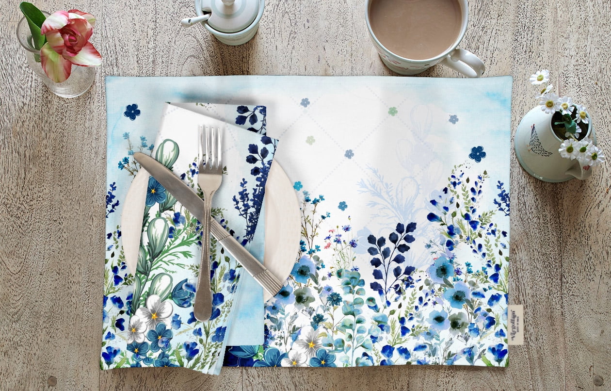 Vargottam Placemats- Placemat For Dining Table, Set Of 4- Printed & Reversible CottonNapkin-IndoorPlacematsFor Home & Kitchen Dining Table- Watercolor Flowers (Blue)