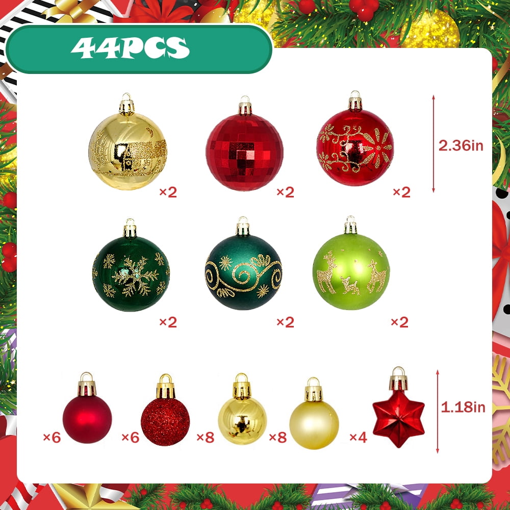 PayUSD Christmas Balls Ornaments for Christmas Decorations 44 pcs Xmas Christmas Tree Shatterproof Ornaments Set for Holiday Wedding Party Decoration (1.18"-2.36", Gold, Red, Green)