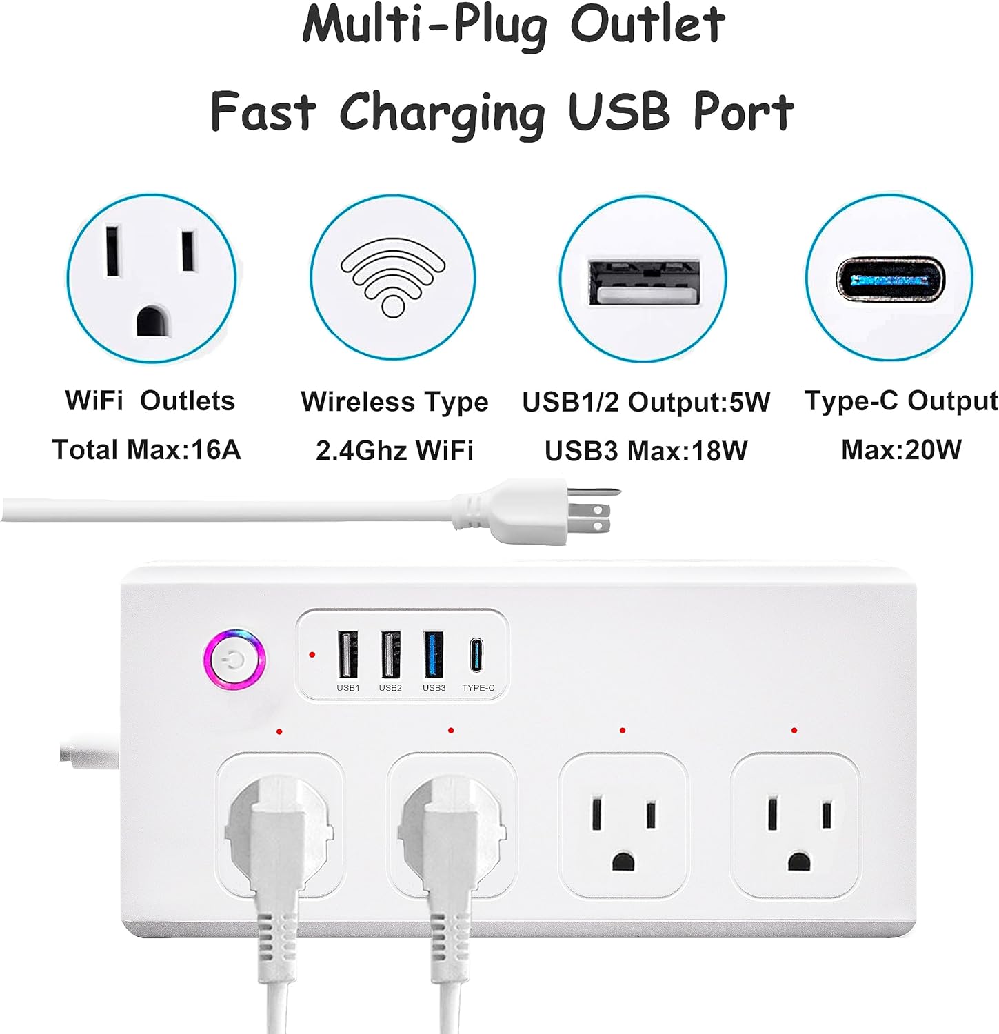 Matter 16A Smart Power Strip WiFi Plug Multiple Outlet Surge Protector 4 AC Outlets,3 USB Port,1 Type-C Port, Compatible Work with Apple Homekit,Amazon Alexa, Google Home,Only supports 2.4GHz WiFi