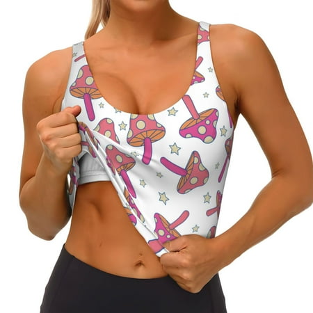 Qokaie Purple Mushroom Pattern Womens Scoop Neck Sports Bra Breathable Workout Vest Padded U Back Medium Impact Fitness Gym Yoga Bra Workout Crop Top