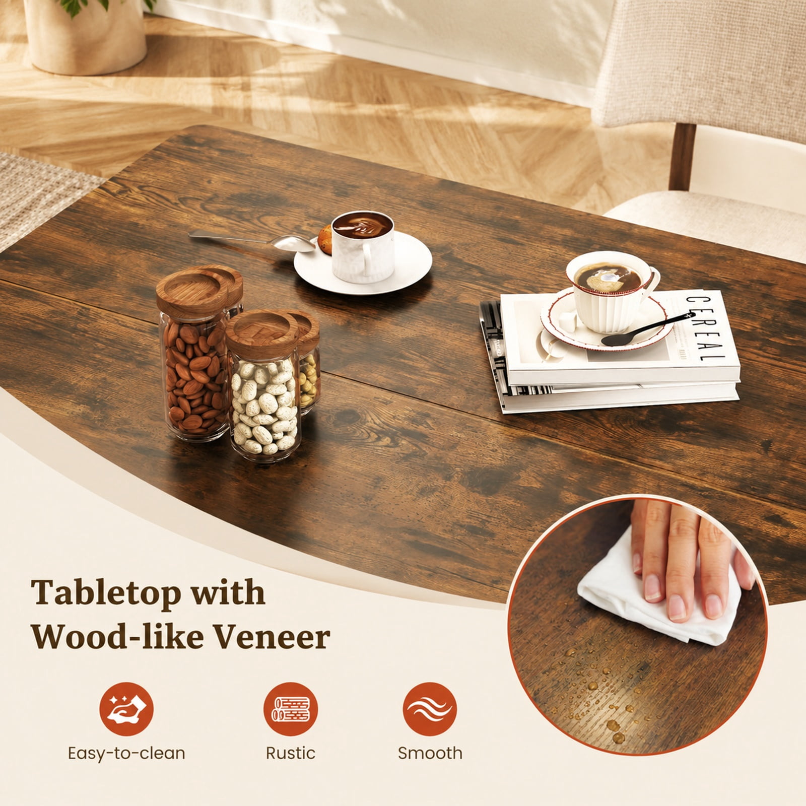 Furnibear 47 Inch Rectangular Dining Table for 4 to 6 with 2 Open Storage Shelves and Sturdy Metal Legs for Kitchen and Dining Room, Rustic Brown