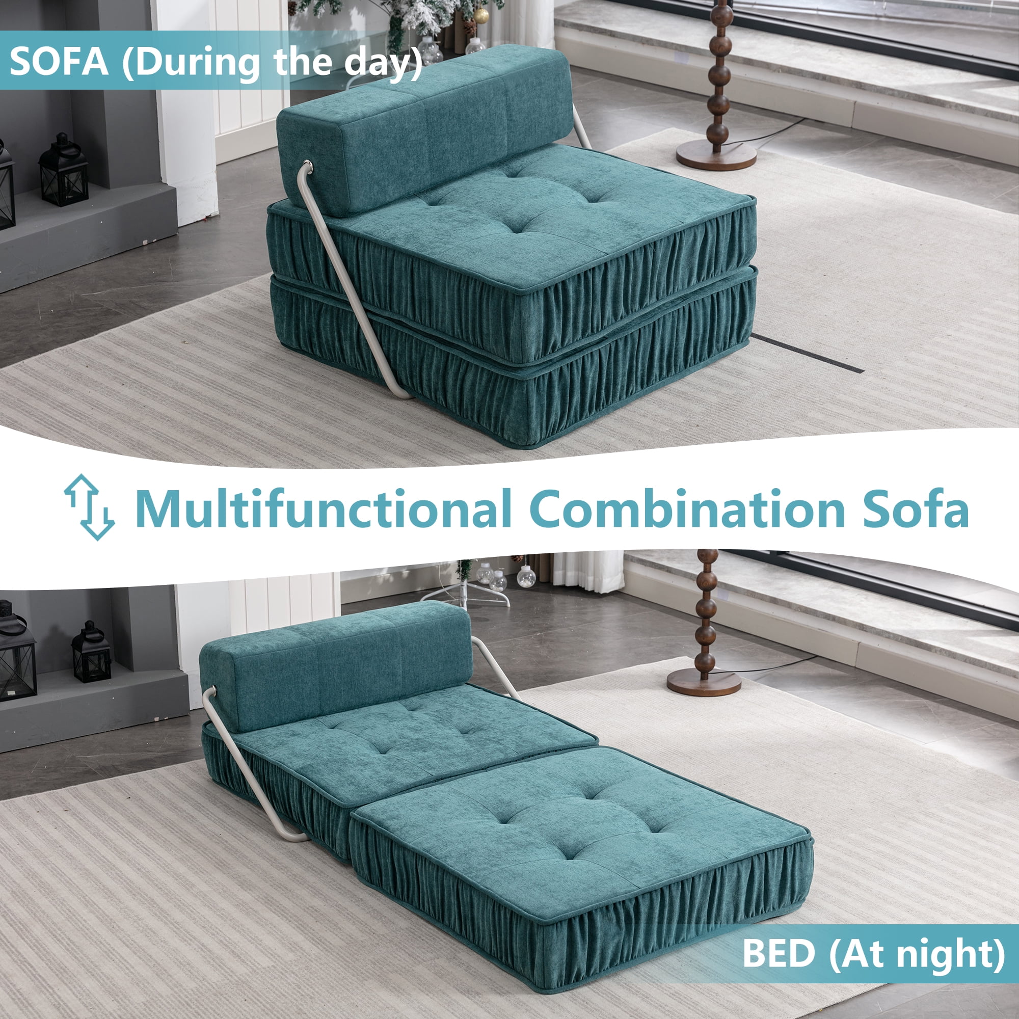 Folding Sofa Bed, Green Convertible Sleeper Chair with Removable Back Cushion and Non-Slip Bottom, Chenille Futon Floor Couch for Living Room, Guest Room, Home Office