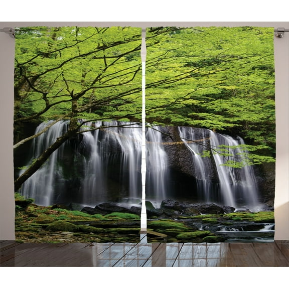 Ambesonne Scenery Curtains 2 Panel Set, Rock Tree in Waterfall, 108" x 90", Black White and Green