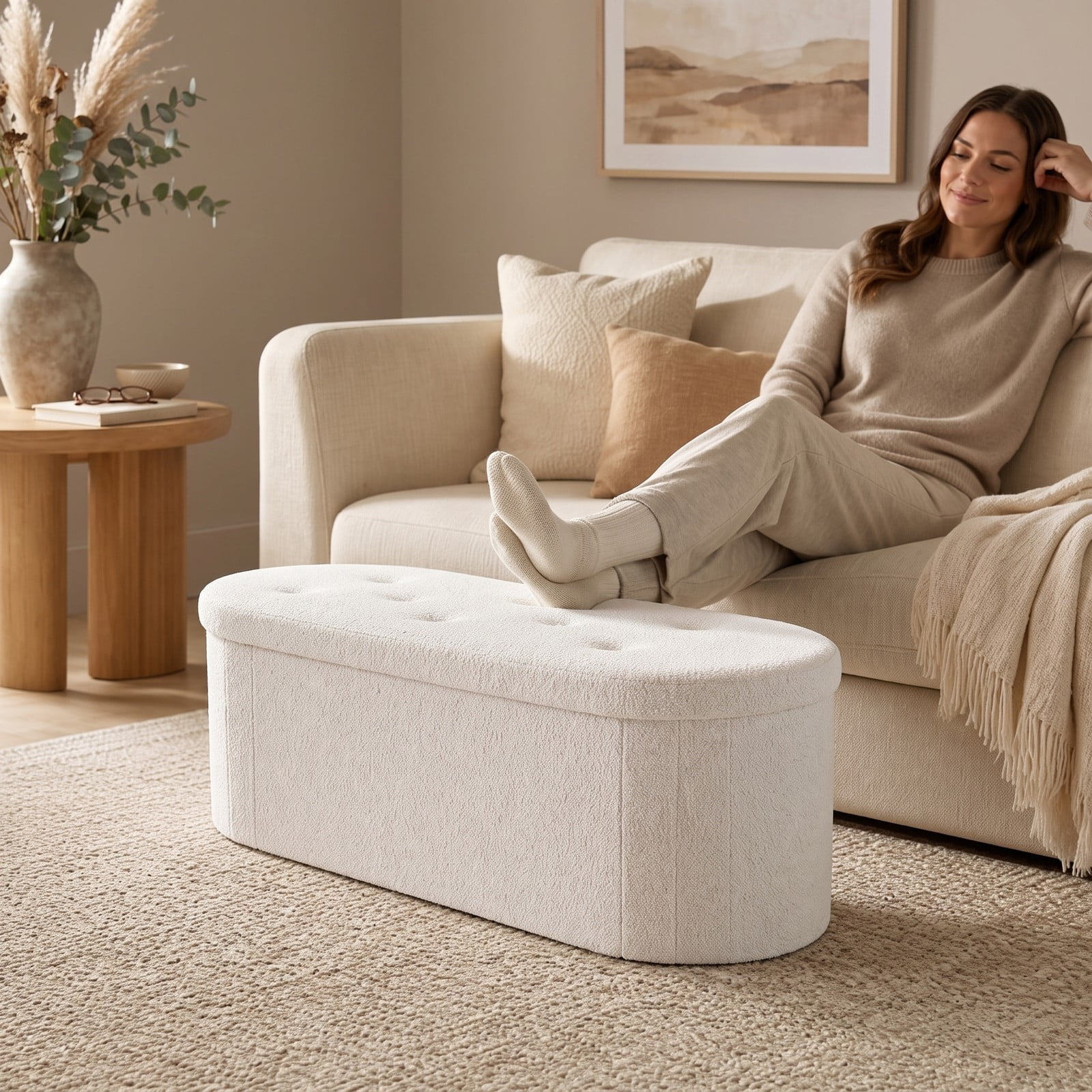 Furnibear 43 Inch Folding Teddy Fleece Storage Ottoman Bench with 2 Dividers and Tufted Padded Seat for Living Room and Bedroom, White