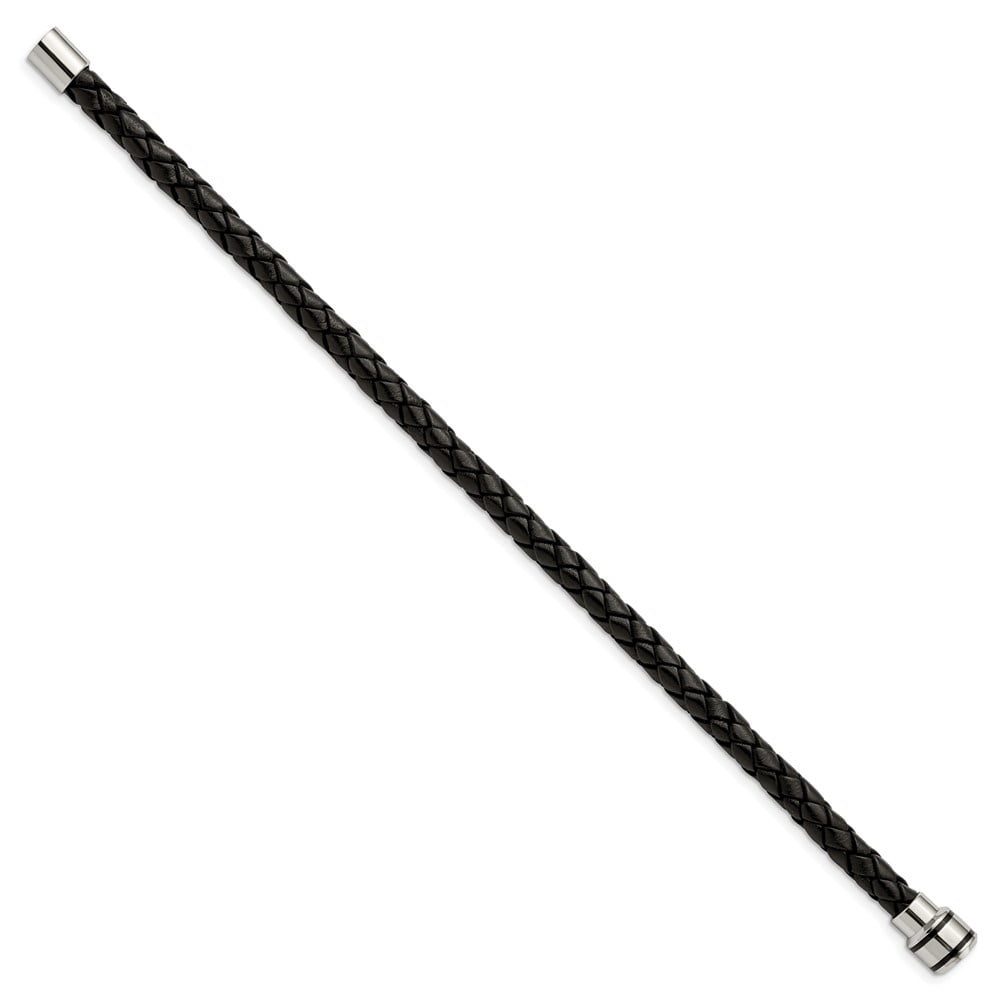 Diamond2Deal Stainless Steel Polished Black IP-Plated Black Braided Leather Bracelet for Men 9"